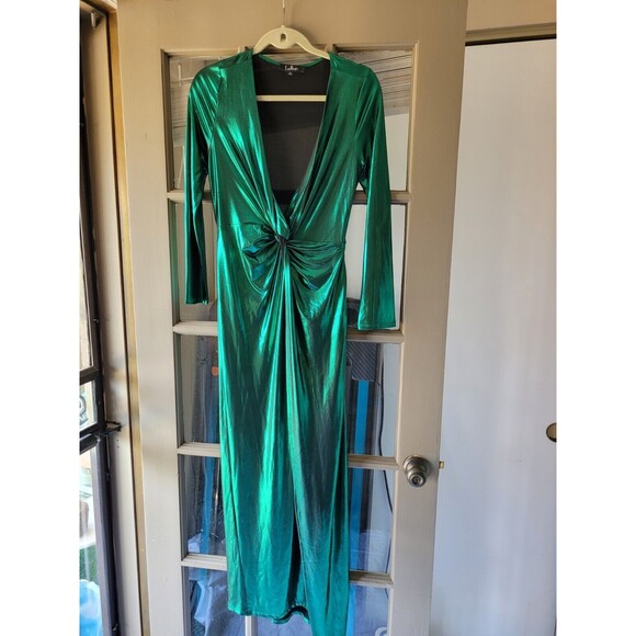 Lulus Medium Supernova Teal Green Twist-Front Long Sleeve Maxi Dress Metallic - Picture 2 of 7